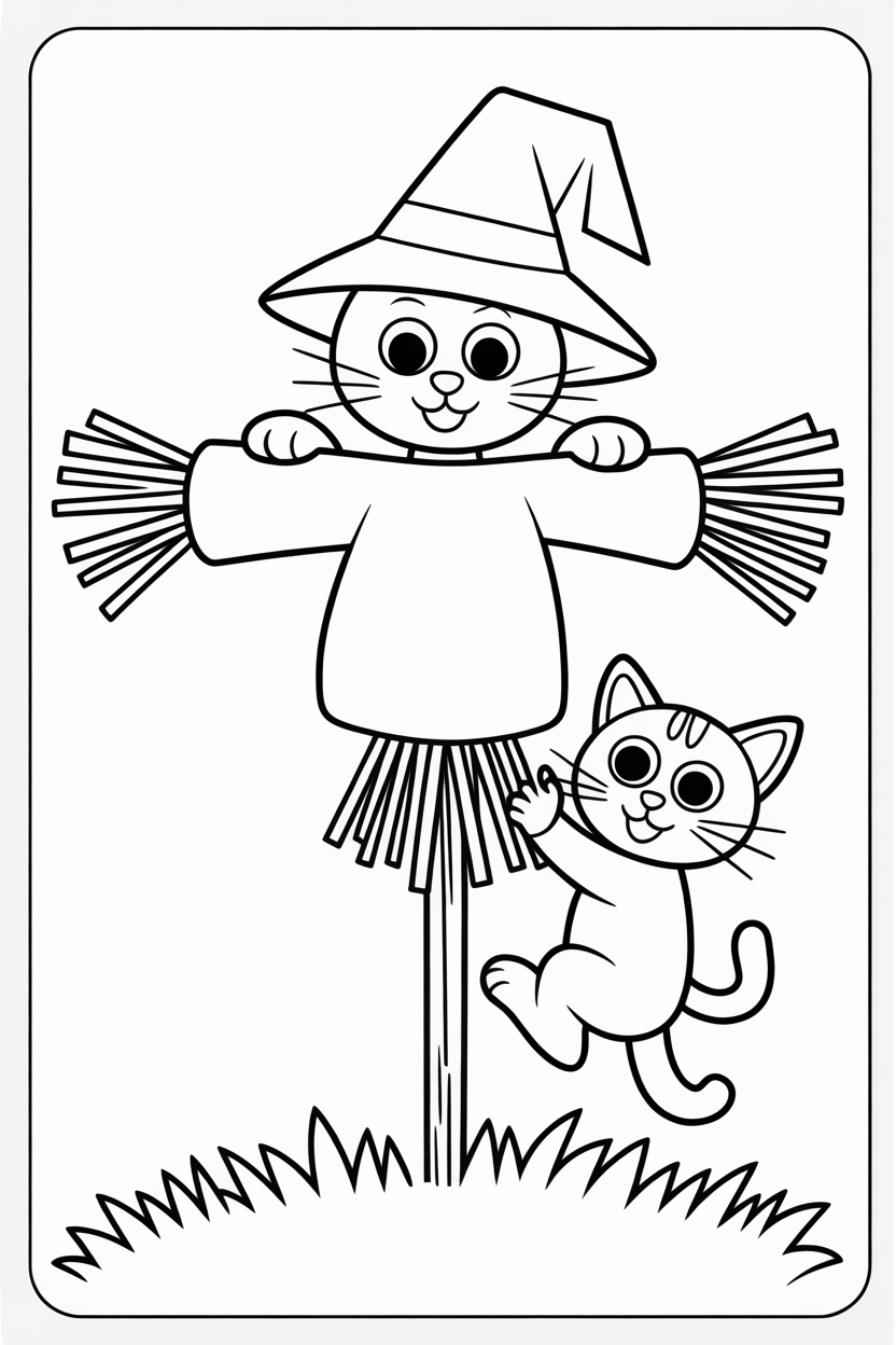 Halloween Cat Climbing a Scarecrow Coloring Page