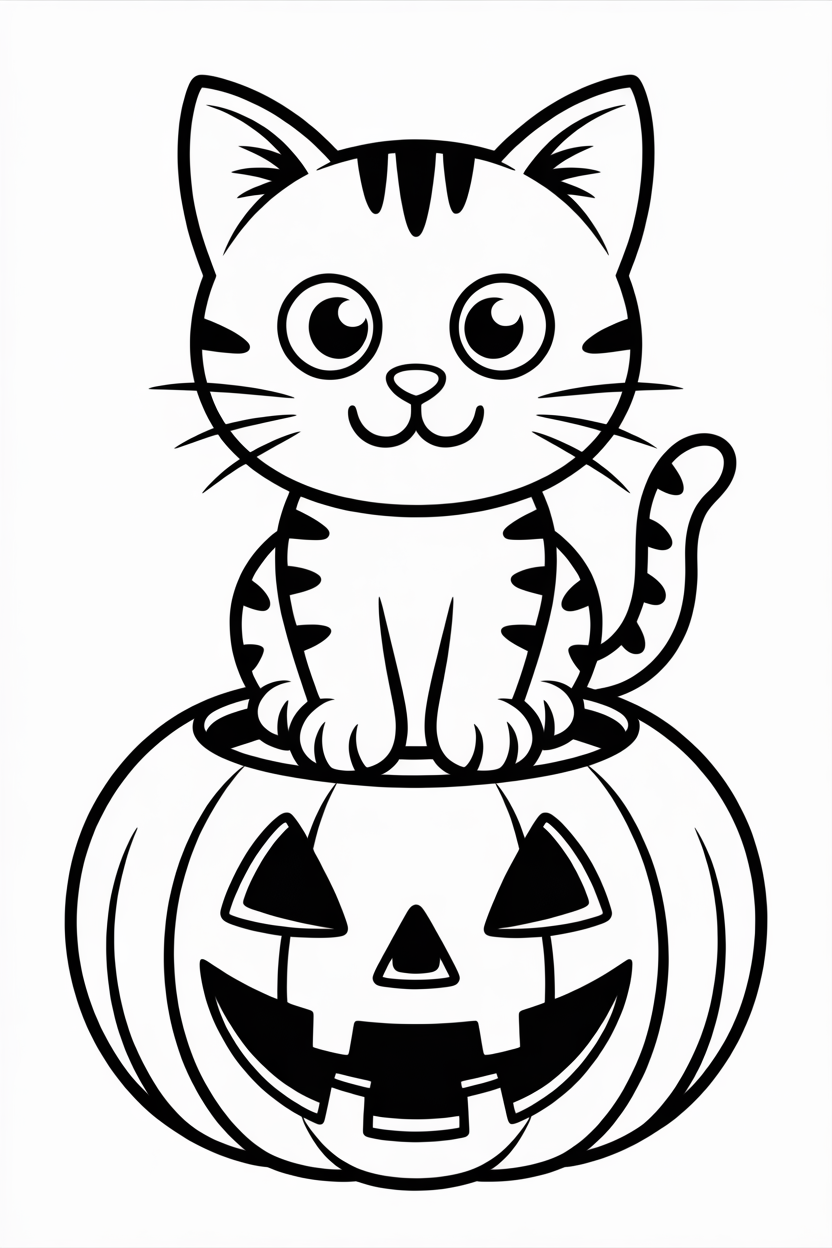 Halloween Cat Sitting on Jack OLantern Coloring Page