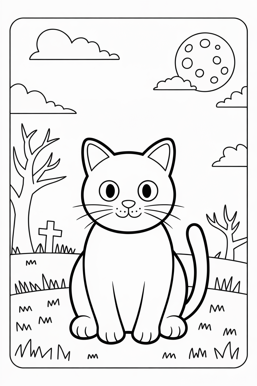 Halloween Cat in Graveyard with Full Moon Coloring Page