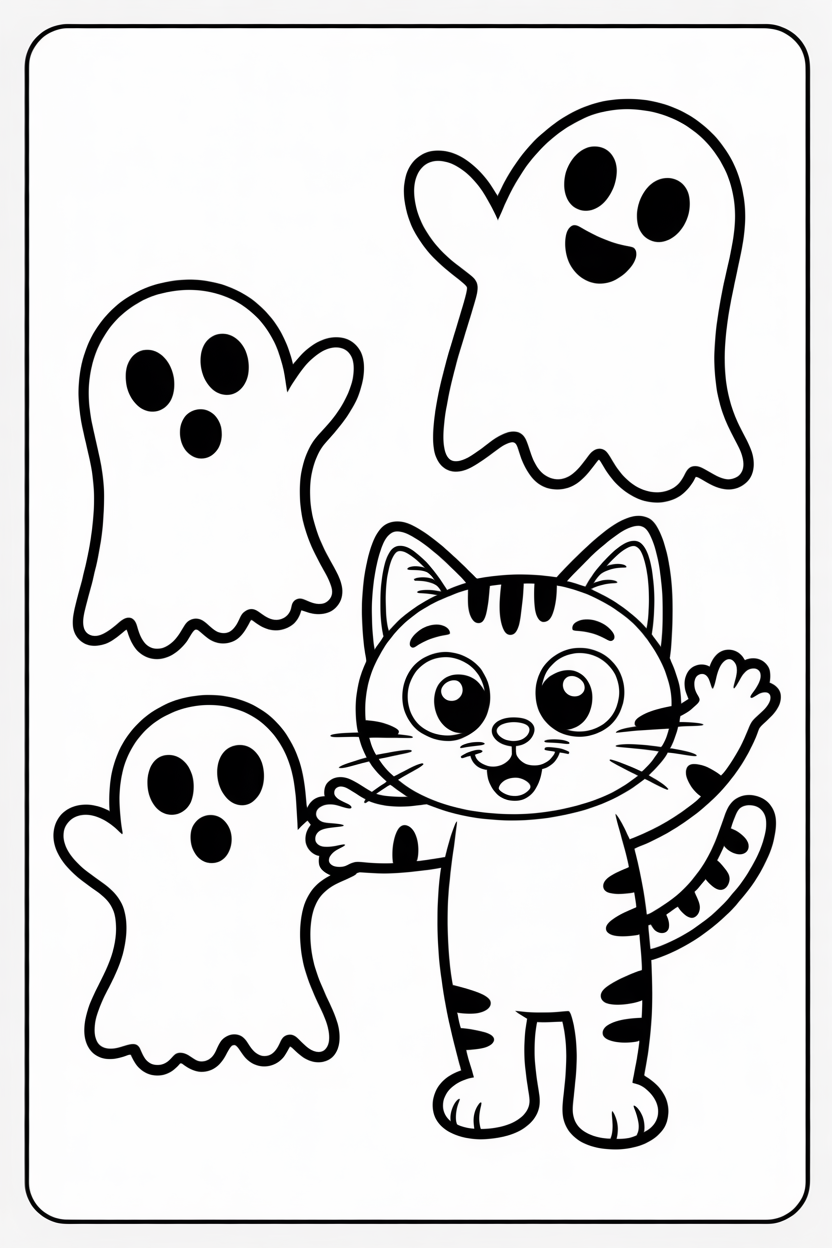 Halloween Cat Playing with Ghost Friends Coloring Page