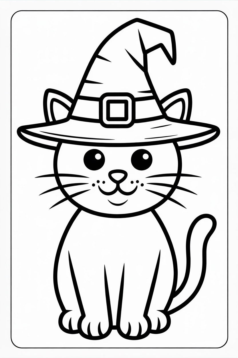 Halloween Cat Wearing Witch Hat Coloring Page