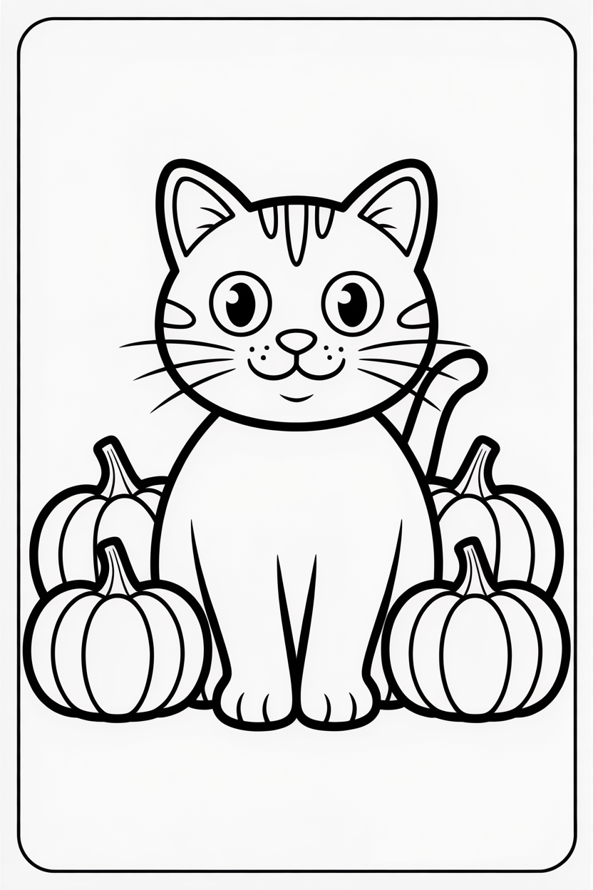 Halloween Cat Surrounded by Spooky Pumpkins Coloring Page