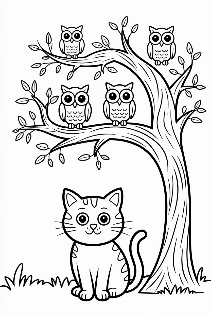 Halloween Cat Under Twisted Tree with Owls Coloring Page