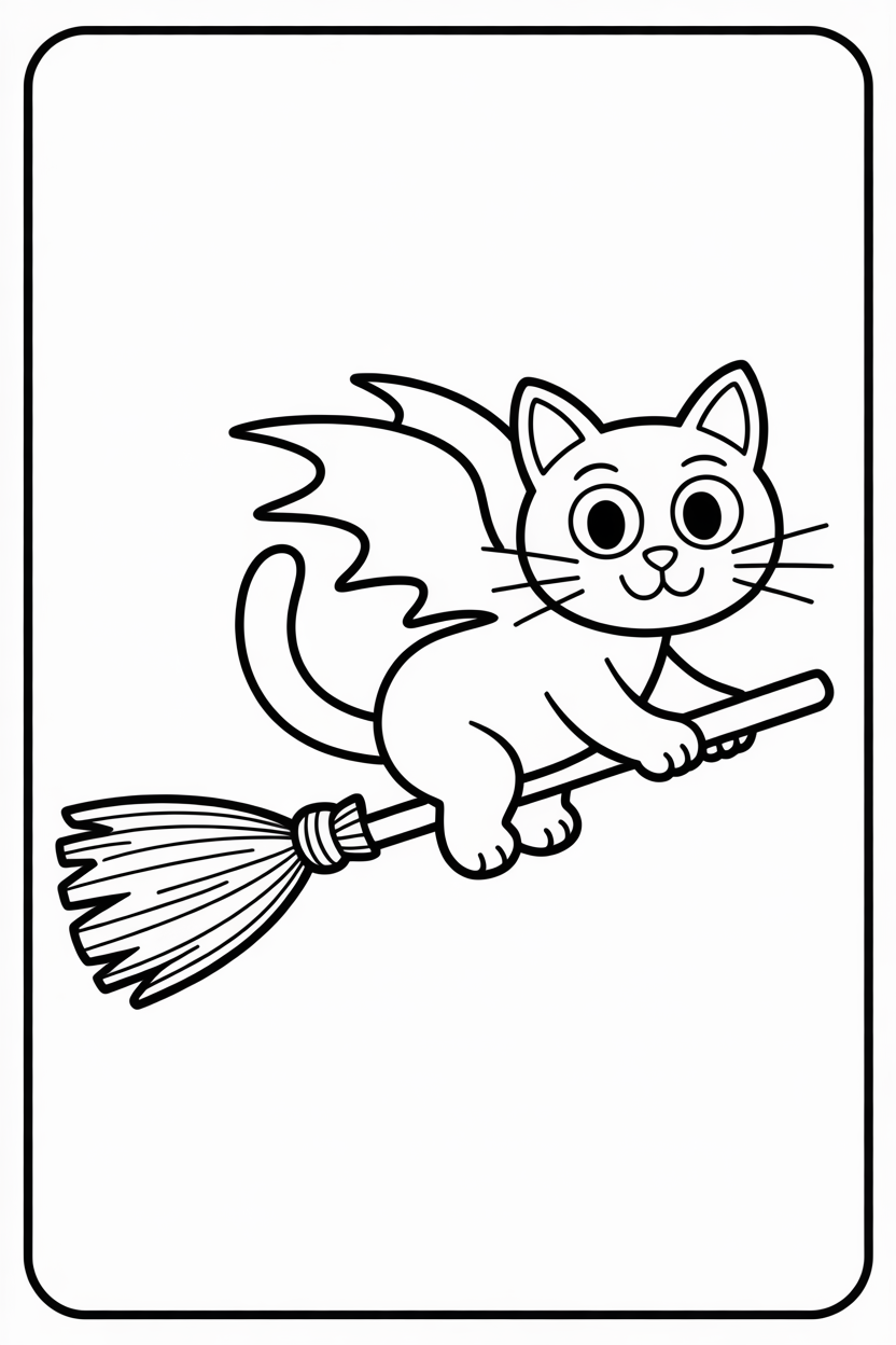 Halloween Cat Flying on Broomstick at Night Coloring Page